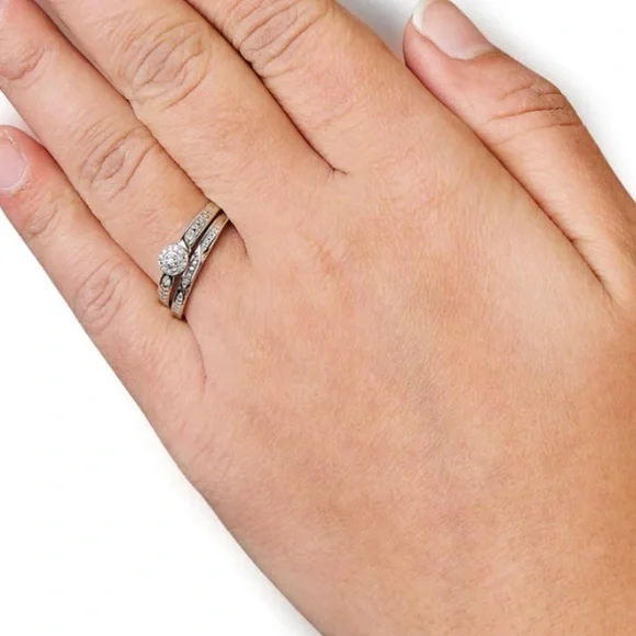 Haus of Brilliance Diamond Accent Frame Twist Shank Bridal Set Ring & Band Sz 12